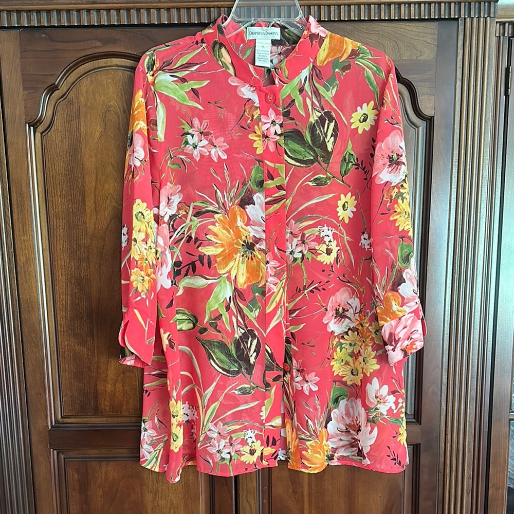Floral Red Button-Up Sheer Blouse